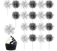40 Pack Foil Frill Firework Cupcake Toppers Sparkle Tinsel Happy Birthday Holiday Cupcake Picks Drink Stirrers Cocktail Food Fruit Toothpicks for Birthday Cake Decorations Party Black Silver