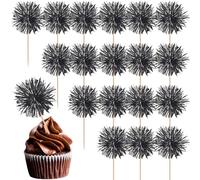 40 Pack Foil Frill Firework Cupcake Toppers Sparkle Tinsel Happy Birthday Holiday Cupcake Picks Drink Stirrers Cocktail Food Fruit Toothpicks for Birthday Cake Decorations Party Supplies Black