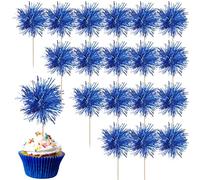 40 Pack Foil Frill Firework Cupcake Toppers Sparkle Tinsel Happy Birthday Holiday Cupcake Picks Drink Stirrers Cocktail Food Fruit Toothpicks for Birthday Cake Decorations Party Deep Blue