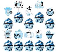 40 Pack Halloween Baby Shower Cupcake Toppers Ghost Bat Spider Boo Cupcake Picks Baby Carriage Clothers It's a Boy Cake Decorations for Halloween Theme Boys Birthday Party Supplies Blue