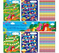 40 Pack Incentive Chart, 2 Adorable Designs with 1078 Stickers, Classroom Family Reward Chart System for Kids Homework Assignments, Attendance, Good Behavior, Chores, Potty Training Progress