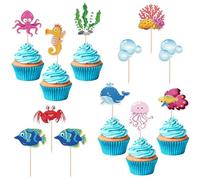 40 Pack Marine Animal Cupcake Toppers Glitter Starfish Hippocampus Seaweed Ocean Sea Animal Creature Marine Cupcake Picks Kids Birthday Baby Shower Summer Cake Decorations Style 1