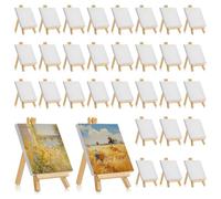 40 Pack Mini Canvas Easel Set, 10x10cm Small Canvas Boards with Easel Stand, Blank Canva Panels Wood Display Easel for Drawing Oil Painting Art Acrylic Pouring
