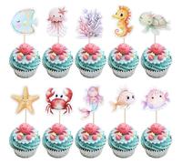 40 Pack Ocean Animal Cupcake Toppers Sea Ocean Birthday Cake Decorations Turtles Octopus Seahorse Crab Starfish Mermaid Coral Cupcake Picks for Under the Sea Theme Baby Shower Birthday Party Supplies