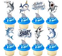 40 Pack Shark Cupcake Topper Double Sided Shark Happy Birthday Cupcake Picks Under The Sea Cake Decorations for Ocean Animals Sharks Theme Birthday Baby Shower Party Supplies