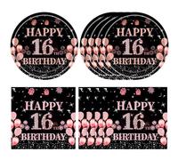 40 PCS 16th Birthday Decorations for Girls Black Rose Gold Happy 16th Birthday Plates and Napkins Party Supplies Disposable Tableware Set for Sweet Sixteen Party Deco