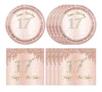 40 Pcs 17th Birthday Decorations for Girls,Rose Gold 17 Years Old Birthday Party Plates and Napkins Disposable 17th Birthday Paper Tableware Set for Girls Teen Seventeen Birthday Party Supplies