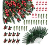 40 Pcs Artificial Pine Picks Christmas Pines Needles, 10 Pcs Christmas Pine Branches with Pines Cones and 10 Pcs Red Berries for Xmas Flower Arrangements Wreaths Table Decorations,DIY Crafts,Garden