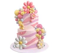 40 PCS Boho Daisy Flower Cake Topper Ball Cake Toppers Disco Ball Cake Decoration Retro Hippie Daisy Flower Cake Topper For Bohemian Groovy Party Supplies Pink Series