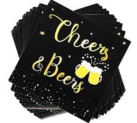 40 Pcs Cheers & Beers Napkins Cheers Beer Party Supplies Disposable Cocktail Napkins Black and Gold Foil Paper Napkins for 30th 40th 50th 60th 70th 80th 90th Birthday Wedding Anniversary Decoration