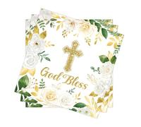 40 Pcs Christening Decorations Napkins - God Bless Gold Cross Floral Baptism Decorations, Paper Serviettes for Girls and Boys Celebration Events