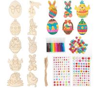 40 PCS Easter Crafts Wooden Ornaments Kits, Easter Crafts for Kids,Blank Wood Easter Gift Tags Hanging with Strings, Unfinished Eggs Bunny Chick Wooden for Kid Adults DIY Easter Party Home Decor