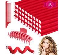 40 PCS Foam Hair Curler Rods, No Heat Flexible Hair Curling Rollers Red Soft Twist Hair Roller with Hair Comb Large Hair Claw, Flexible Rods for DIY Hair Styling Hair Salon (24x1.2cm)