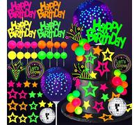 40 PCS Glow Cake Topper Set with Disco Ball Balloon Cakes Ball Star Happy Birthday Toppers in 4 Colors Party Decorations for Neon Cakes Black Light Party Supplies