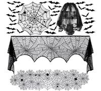 40 PCS Halloween Decorations Set,Halloween Table Runner,Lace Round Table cloth,Spooky Bat Spider Cobweb Table Cover Cloth,Spider Lampshade with 36pcs Scary 3D Bat and Fireplace Mantel Scarf