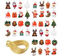 40 Pcs Mini Christmas Tree Decorations Set with 10m Golden String - Resin Christmas Ornaments Including Santa, Tree, Snowman, Snowflake, Christmas Baubles for Xmas Hanging Decorations