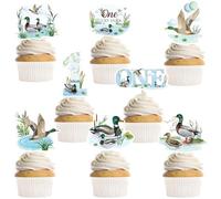 40 Pcs One Lucky Duck Birthday Decorations, 1st Birthday Cupcake Toppers with Mallard Duck Rustic Pond Designs, One Year Old Party Supplies for Boys or Girls (8 Designs)