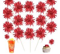 40 Pcs Red Birthday Decorations Foil Firework Cupcake Toppers Red Rain Silk Happy Birthday Sparkle Tinsel Cake Toppers Tinsel Drink Cake Decoration Cocktail Picks For Valentine's Day Wedding Party