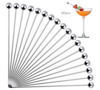 40 Pcs Stainless Steel Cocktail Sticks, Decorative and Reusable Drink Picks, Metal Cocktail Sticks for Martini, Olive Fruit Sticks, Toothpicks Appetizer for Finger Foods, Snacks, BBQ, Party (Silver)