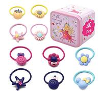 40 Pcs Toddler Girls Hair Accessories Hair Clips, XCOZU Cartoon Multicolor Kids Hair Ties Little Girl Hair Bands, Baby Girls Childrens Elastic Hair Ties Rope Ponytail Holder (Tin Box)