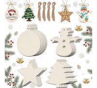 40 Pcs Wooden Christmas Decorations - DIY Baubles with String, 4 Shapes Including Tree, Star, Snowman & Round, Ideal for Xmas Crafts, Ornaments & Gift Tags