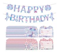 40 Pieces Mermaid Invitation Cards And 1 Piece Pull Flag, Girls Party Supplies, Ocean Element Decorations, Children'S Party Decorations