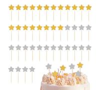 40 Pieces Of Star Inserts, Cake Decoration Inserts, Wedding Decoration Inserts, Five-Pointed Star Glitter Sticks, Wooden Stick Inserts (Gold And Silver)