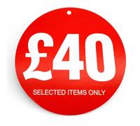 £40 Round Hanger Sale Tags 100mm Red “Selected Items Only” Retail Clothing Hanger Tickets Only, Durable Card Promotional Tags for Coat Hangers & Display Hooks, No String, Pack of 500