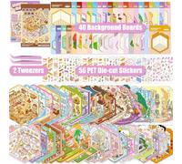 40 Sets DIY 3D House Sticker Scene Kit, Sticker Therapy, Stress Relief Sticker Scenes with 56 PET Stickers, 40 Miniature Cabins, 2 Tweezers, for Adults Kids Teens (40 Sets - 1.0 + 2.0)