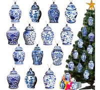 40 Wooden Christmas Ginger Jar Ornaments - Blue and White Chinoiserie Hanging Decor for Xmas Tree