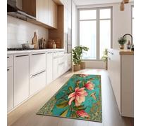40 x 120 cm Runner Rugs for Hallway Non Slip Turquoise, Arabic Pattern Magnolia Flower Hallway Runner Mat Extra Long Washable Entryway Rug Low Pile Non Shedding Carpet for Kitchen Doorway Laundry Room
