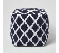 HOMESCAPES Ikat Design Blue and Natural Colour Bean Filled Pouffe - 40 x 40 x 40 cm