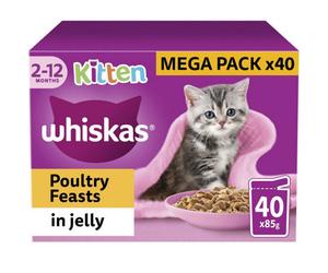 40 X 85G Whiskas 2-12Mths Cat Pouches Poultry Feasts In Jelly