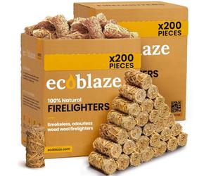 400 Ecoblaze Natural Firelighters | 2 x 200 Box | Long Burning, Fast Lighting, Odourless Wool Starters | Kindling Wood, BBQ Lighter Kit, Firestarter for Pizza Ovens, Log & Wood Burners, Fire Pits