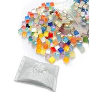 400 g Mosaic Stones Set Daity Colourful Glass Stones Glitter Crystal Mosaic Tiles with Powder Sealant Square Decorative Stones for Mosaic Crafts, Photo Frame, Vase, Coaster, Mirror