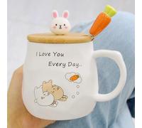 400 Ml Bunny Mug with Radish Spoon, Resuable Insulated Coffee Tumbler, 3D Cute Ceramic Travel Coffee Cup Couple Mug Set, Birthday Gift for Friends or Lovers(Yellow)
