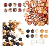 400 Pcs Natural Printed Wooden Beads,11*12mm Large Hole Barrel Wood Beads with Elastic Line,Various Color Wooden Bead for Crafting,Round Loose Spacer Wood for Jewelry Making Bracelet Necklace Hair DIY