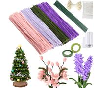 400 Pcs Pipe Cleaners DIY Craft Set, 4 Colours Pipe Cleaners for Craft Flowers for Lavender and Tulip Bouquets with Iron Wire, Florist Tape, Flower Centers, Ribbon, Pearls (Purple)