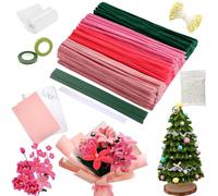 400 PCS Pipe Cleaners for Craft Flowers, DIY Pipe Cleaner Flower Kit (5 Colours) with Green Floral Wires, Ribbon, Tape, Sticks, Stamen, Pearls, Floral Wrapping Paper (Red)