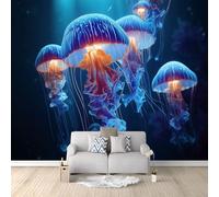 400 x 280 cm Non-Woven 3D Wallpaper Roll Mural Papel De Parede, Mysterious Marine Animals Jellyfish Wallcoverings for Bedroom Living Room TV Backdrop - Dark Blue