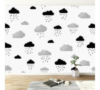 400 x 280 cm Photo Wallpaper, Cartoon Design of Clouds and Rain Print Non-Woven Mural Wallpaper for Living Room Bedroom Kids Room TV, Photo Mural, Poster, Wall Art, Grey