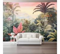 400 X 280 Cm Photo Wallpaper Tropical Plants Premium Wall Mural Poster - Pink Palm Trees and Distant Mountains Non-Woven Large Decorative Wallpaper for Children's Room Living Room Home