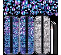 4000PCS Flatback Rhinestones and Half Round Pearls Kit #22, Multi Size Glass Clear Crystals, Plastic Flat Back Blue Mermaid Dome Bead with Pickup Pencil and Tweezer for Nail Art
