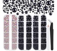 4000PCS Flatback Rhinestones and Half Round Pearls Kit #42, Multi Size Glass AB Crystals, Plastic Flat Back Black Dome Bead with Pickup Pencil and Tweezer for Nail Art