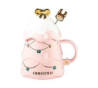 400ml/13.5oz Covered Spoon Christmas Ceramic Mug Microwave Oven Available Christmas Tree Home Office Coffee Cup for office home-pink-401-500ml