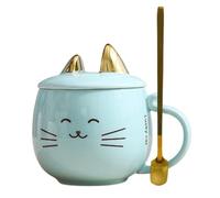 400ml Cat Ear Mug with Spoon and Lid, Cute Kitty Ceramics Coffee Cup, Handmade Animal Tea Cups Novelty Cat Cup Christmas Birthday Gift Mug
