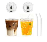 400ML Iced Coffee Cups With Lids and Straws 2 Pcs, Unbreakable Glasses Drinking Set, Tumbler Cups Reusable Iced Coffee Glass Tumbler with Lid and Straw, Cup for Iced Tea, Juice, Water, Dishwasher Safe