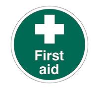 400mm First Aid Floor Sign, Hard Wearing Non Slip/Abrasive Lamination, R9 Grade For Slip Resistance, High Strength Adhesive Backing