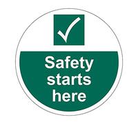 400mm Safety Starts Here Floor Sign, Hard Wearing Non Slip/Abrasive Lamination, R9 Grade For Slip Resistance, High Strength Adhesive Backing