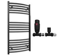 400mm Wide Curved Black Radiator Bathroom Towel Rail Radiator For Central Heating Bathroom Heated Towel Rail (400 x 900 mm (h), With TRV Black Straight Valves)